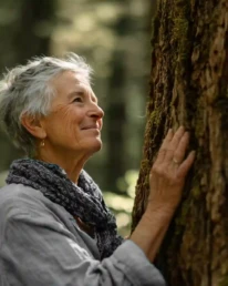 Ältere Frau steht im Wald und legt lächelnd die Hand an einen Ruhebaum